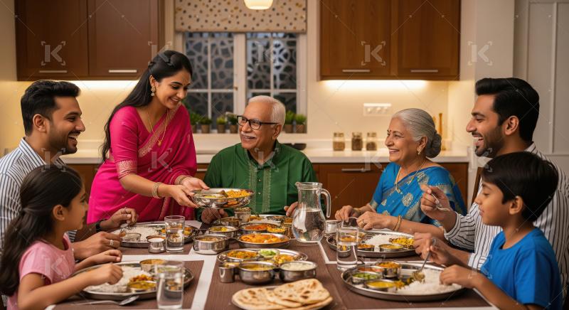 Happy Indian Family Enjoying Traditional Meal Together at Home