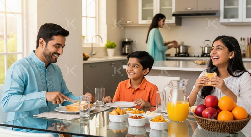 Happy Indian Family Enjoying Breakfast Together in Modern Kitche