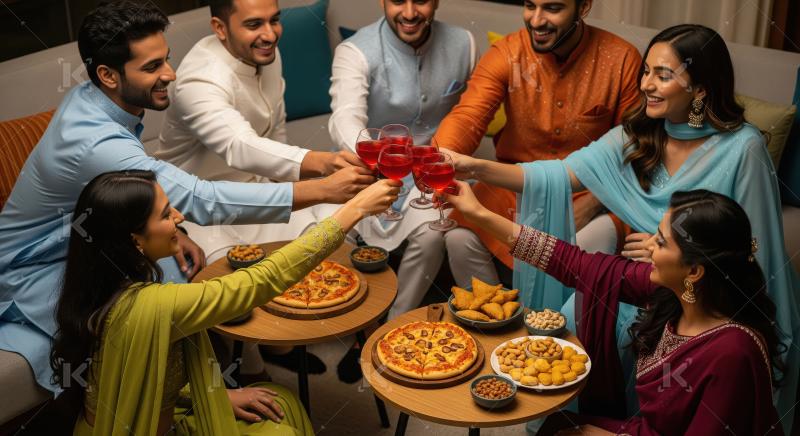 Joyful South Asian Friends Celebrate with Drinks and Snacks