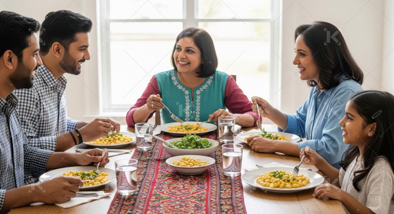 Joyful Indian Family Mealtime at Home, Eating Dinner