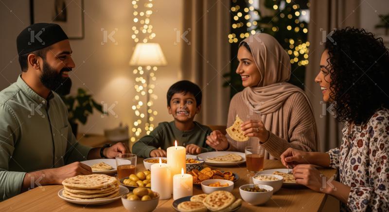 Muslim Family Enjoying Festive Dinner Together at Home with Joy