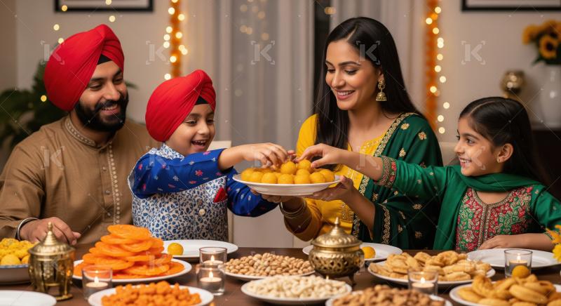 Happy Indian Sikh Family Celebrating Festival with Traditional S