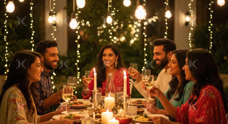 Joyful Indian Group Celebrating Outdoor Dinner with Friends and