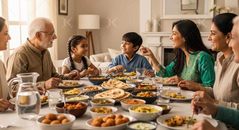 Happy Indian Family Enjoying Traditional Meal Together at Home