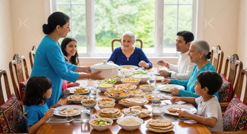 Indian Family Enjoying Traditional Meal Together at Home