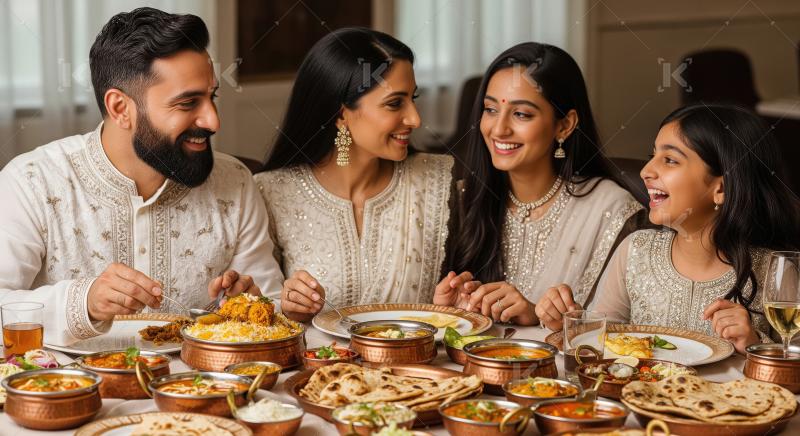 Happy Indian Family Enjoying Traditional Festive Dinner Together