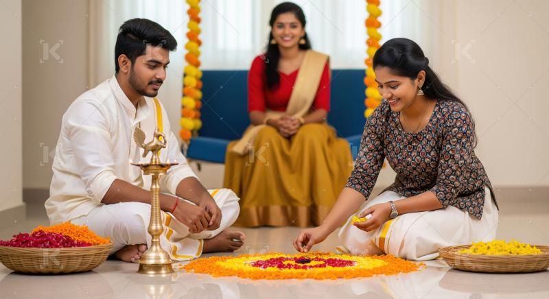 Indian Family Celebrating Traditional Festival with Flower Rango