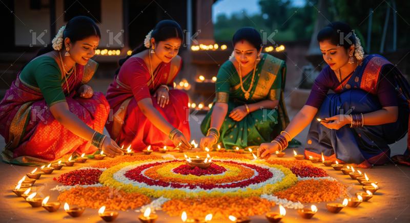 Indian Women Lighting Diyas Around Floral Rangoli Festive Scene