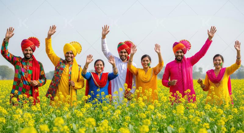 Happy Indian people celebrate festival in vibrant mustard field.
