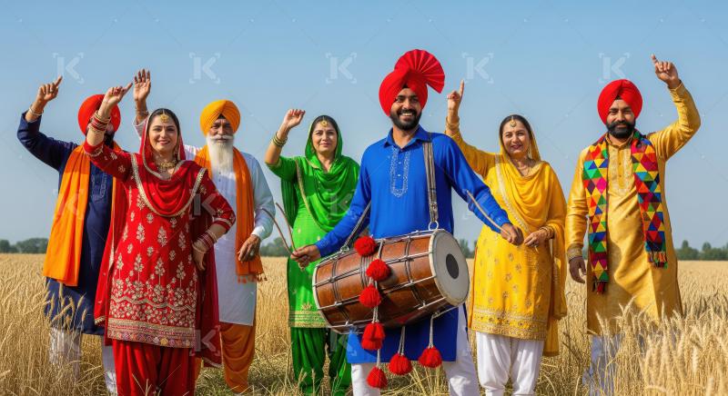 Joyful Punjabi Group Celebrating Harvest Festival in Wheat Field