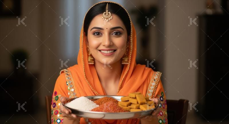 Happy Indian Woman Holding Traditional Sweets for Festive Occasi
