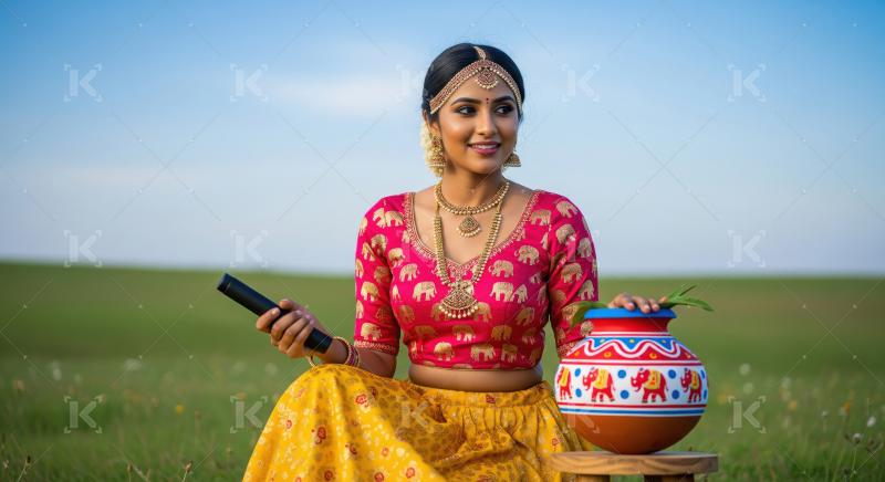Beautiful Indian Woman Celebrating Festival with Traditional Pot