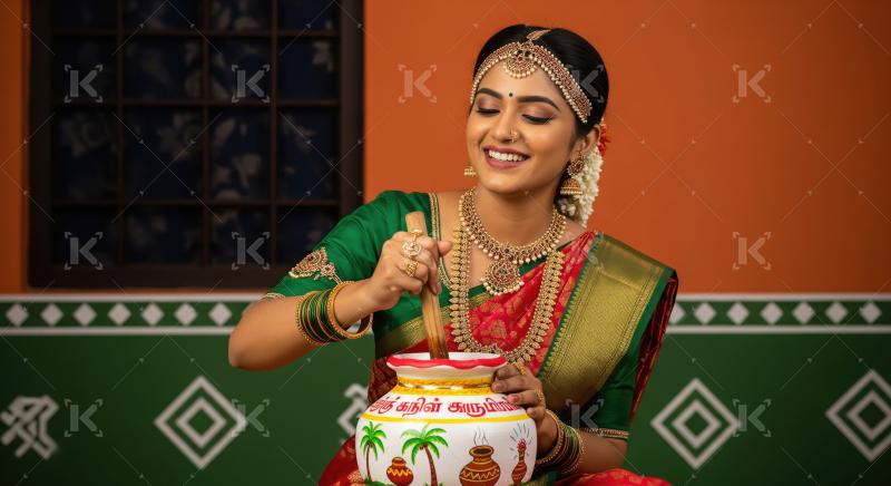 Joyful South Indian Woman Prepares Pongal Dish Traditionally