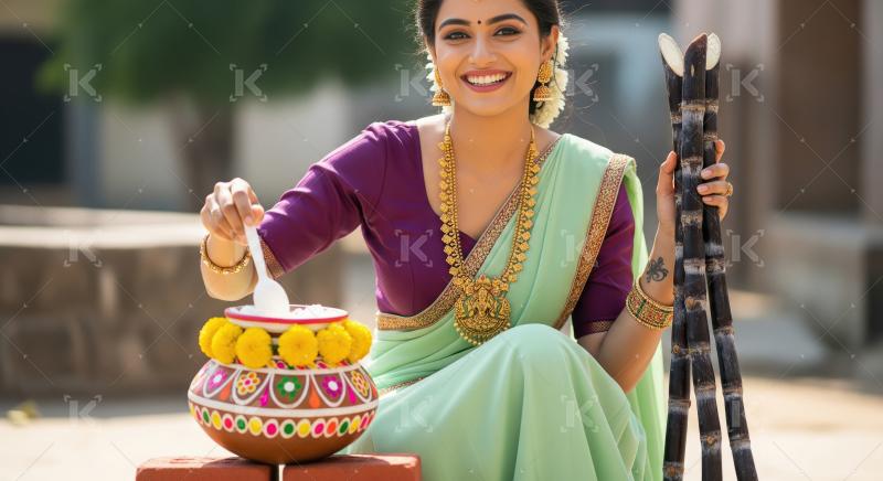 Happy Indian woman celebrating festival with traditional Pongal
