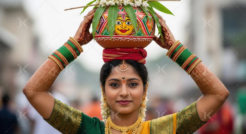 Indian woman celebrating traditional festival carrying a decorat