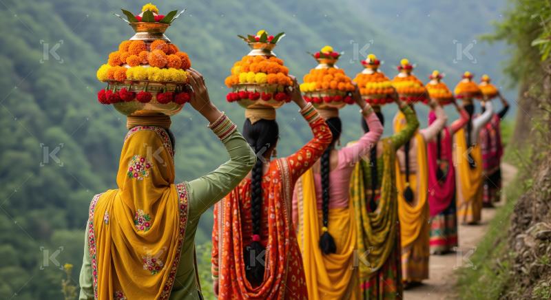 Women carry marigold kalash in a vibrant mountain procession