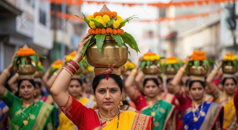 Indian Women in Traditional Attire Carrying Ceremonial Pots
