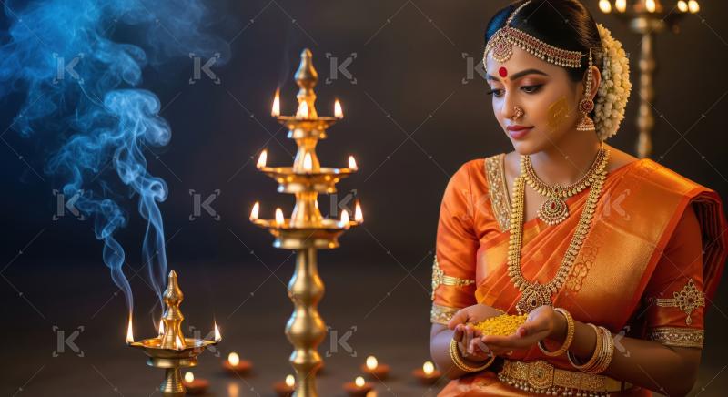 Traditional Indian Woman Celebrating Festival with Diyas and Off