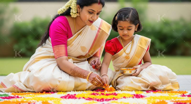 Indian Mother and Daughter Making Beautiful Flower Rangoli Toget