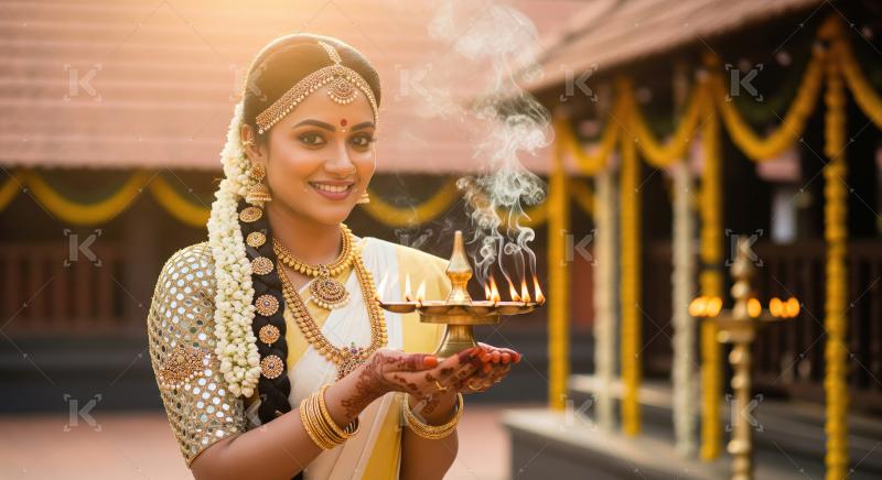 South Indian Woman Holding Traditional Brass Lamp