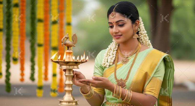 Beautiful South Indian Woman Lighting Traditional Lamp Ritual