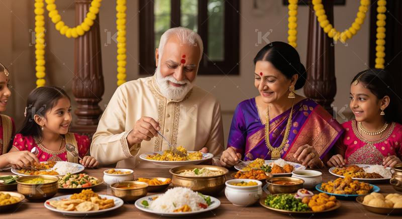 Happy Indian family gathering for a festive traditional meal.