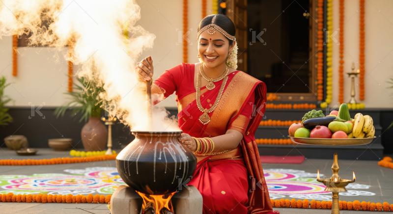Smiling Indian woman cooks Pongal during festive celebration