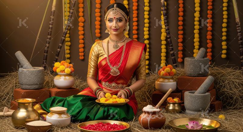 Beautiful Indian Woman Celebrating Harvest Festival with Traditi