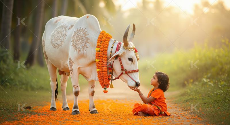 Young Indian girl reverently interacts with adorned sacred bull