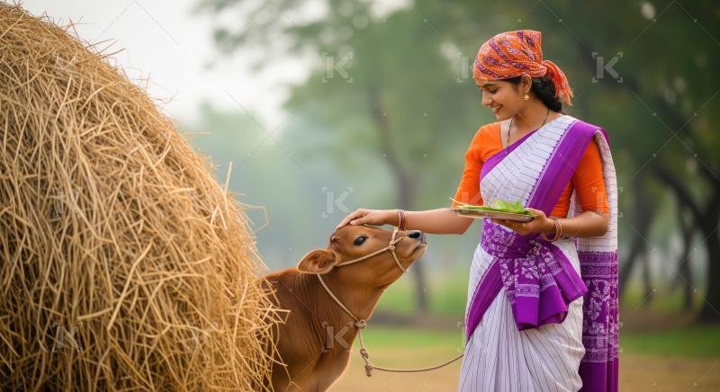 Smiling Indian woman pets calf near hay bale in village.
