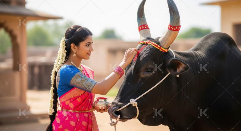 Young Indian Woman Honors Bull with Auspicious Tilak