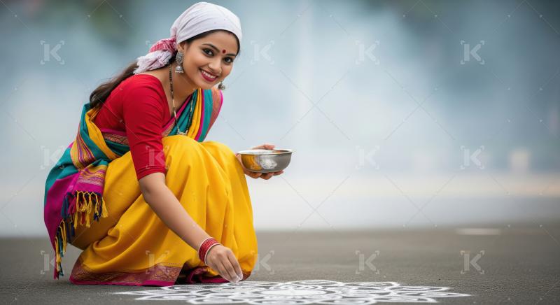 Beautiful Indian Woman Drawing Traditional Rangoli Art