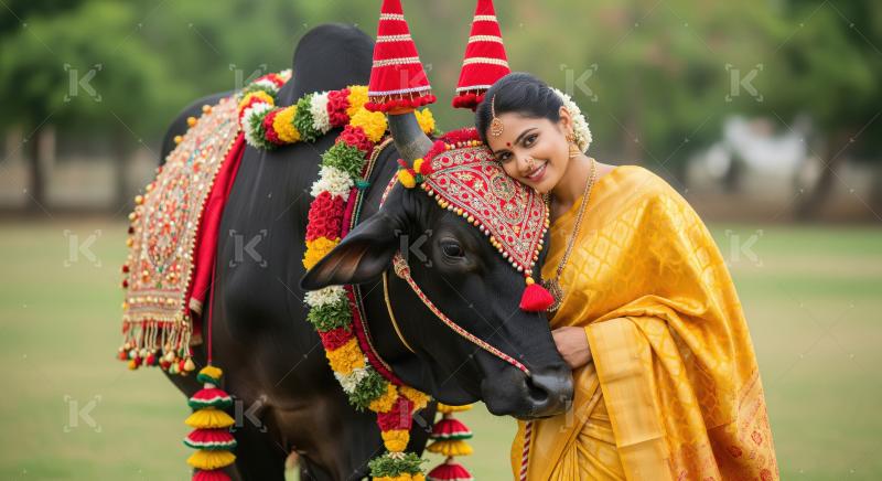 Joyful Indian Woman Embracing Her Decorated Bull