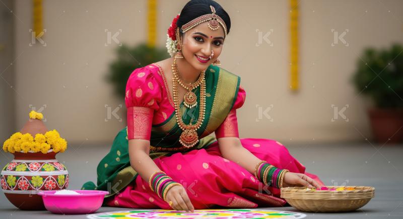 Beautiful Indian Woman Making Vibrant Rangoli for Festival