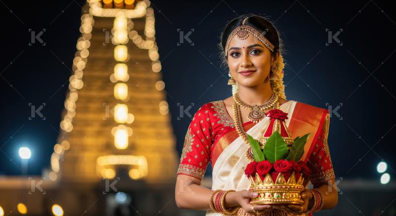 Beautiful Indian Woman in Traditional Attire at Illuminated Temp