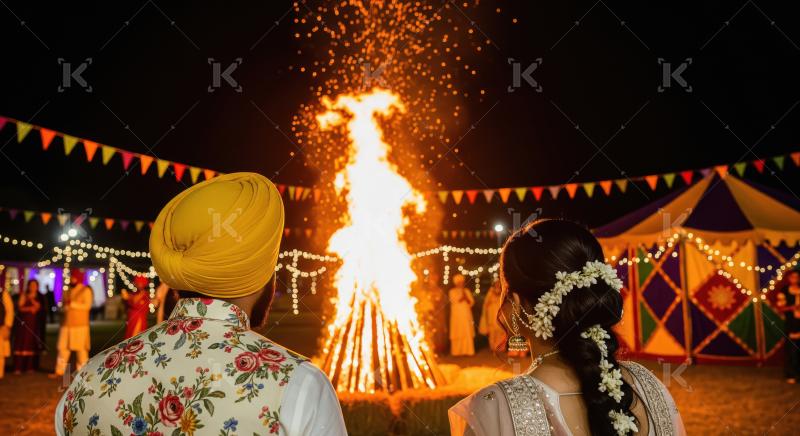 Traditional Indian Couple Enjoys Bonfire at Festive Night Celebr