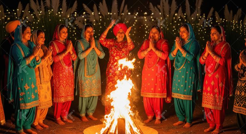 Indian Women Celebrating Festival Around Bonfire at Night
