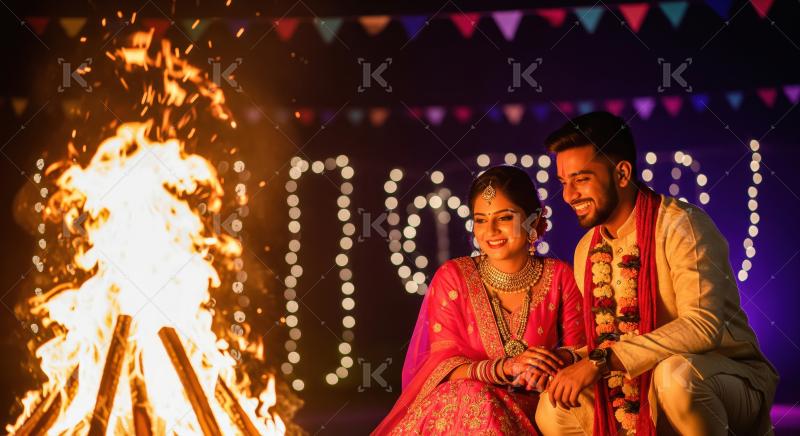 Joyful Indian Couple Celebrating Traditional Bonfire Festival at