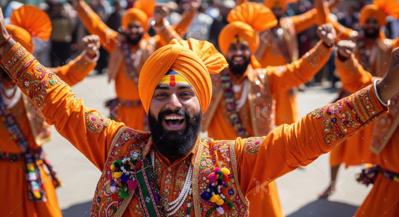 Joyful Sikh men performing Bhangra dance in vibrant orange attir