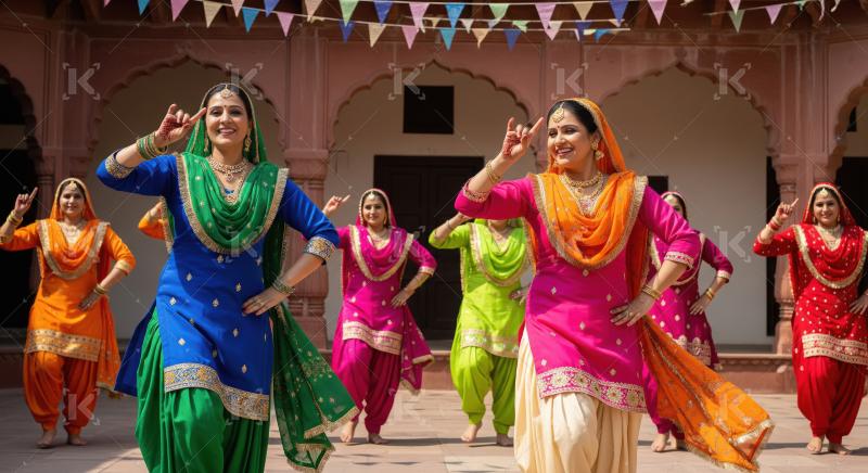 Joyful Punjabi Women Performing Traditional Folk Dance Outdoors