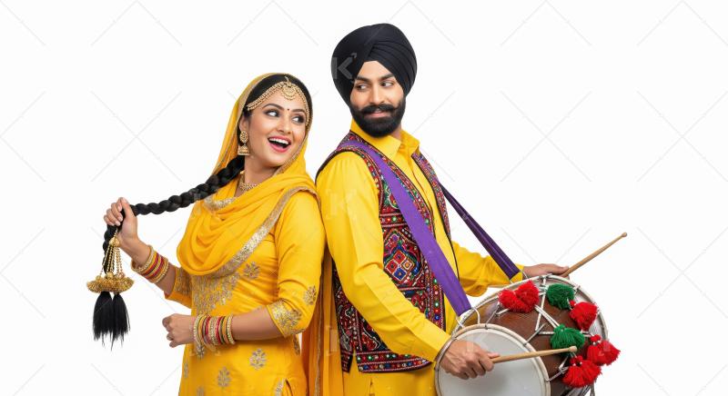Joyful Punjabi Couple in Traditional Attire with Dhol Drum
