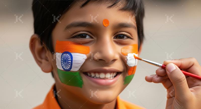 Indian Boy's Face Painted with National Flag Colors