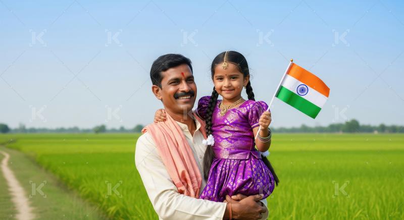 Happy Indian Father Daughter Celebrate Patriotism with Flag in G