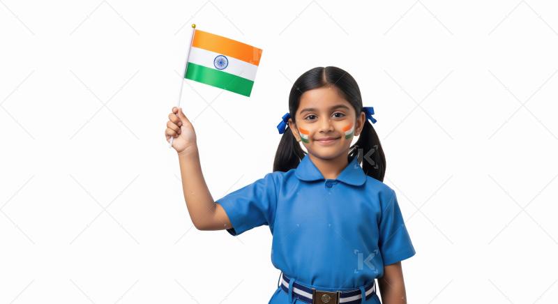 Happy Indian child with flag and tricolor face paint.