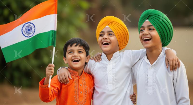 Joyful Indian Kids Holding Flag, Embracing Unity and Patriotism
