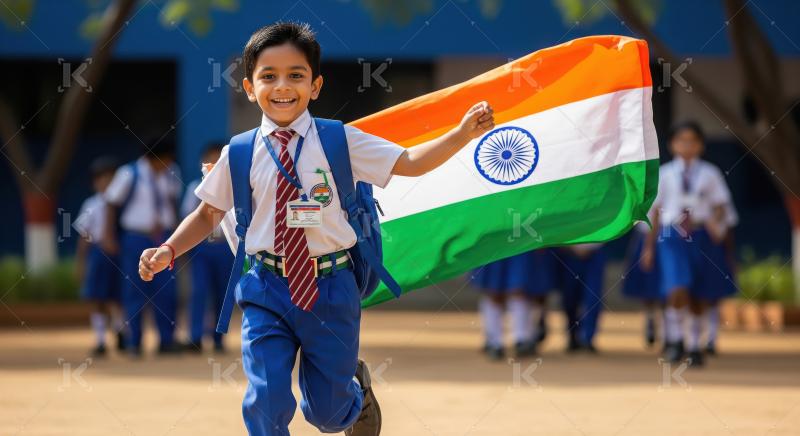 Happy Indian Schoolboy Running with National Flag