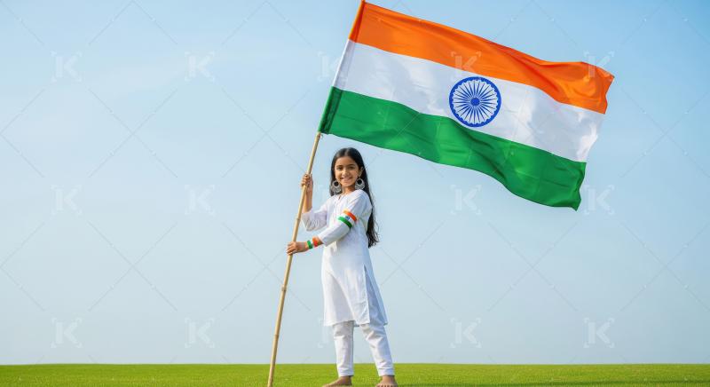Young Indian girl proudly waves national flag on green field