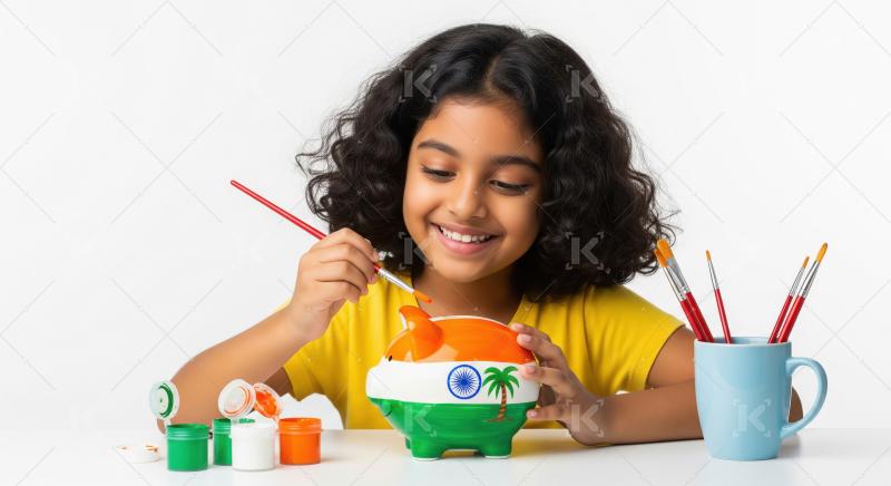 Happy Indian child paints patriotic piggy bank with brush