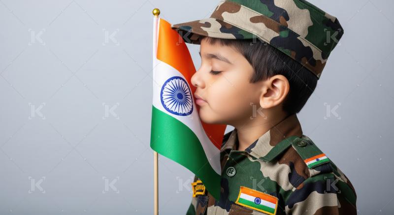 Young Indian Boy in Army Uniform Cherishing National Flag