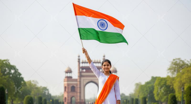 Young Indian girl proudly waves national flag, celebrating patri